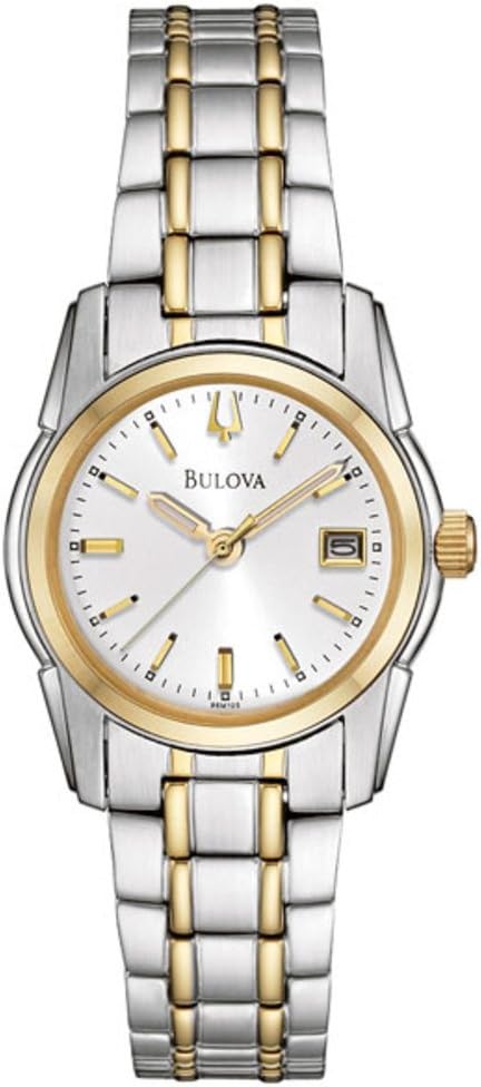 Bulova Reloj de mujer clásico de acero inoxidable bicolor de tres manecillas con fecha y calendario, esfera plateada y blanca (Estilo: 98M105)