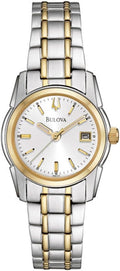 Bulova Reloj de mujer clásico de acero inoxidable bicolor de tres manecillas con fecha y calendario, esfera plateada y blanca (Estilo: 98M105)