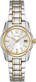 Bulova Reloj de mujer clásico de acero inoxidable bicolor de tres manecillas con fecha y calendario, esfera plateada y blanca (Estilo: 98M105)