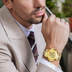 Reloj mecánico automático para hombre OLEVS Gold Skeleton, autoviento, de lujo para vestir, brillante con diamantes, acero inoxidable, resistente al agua, luminoso, de pulsera