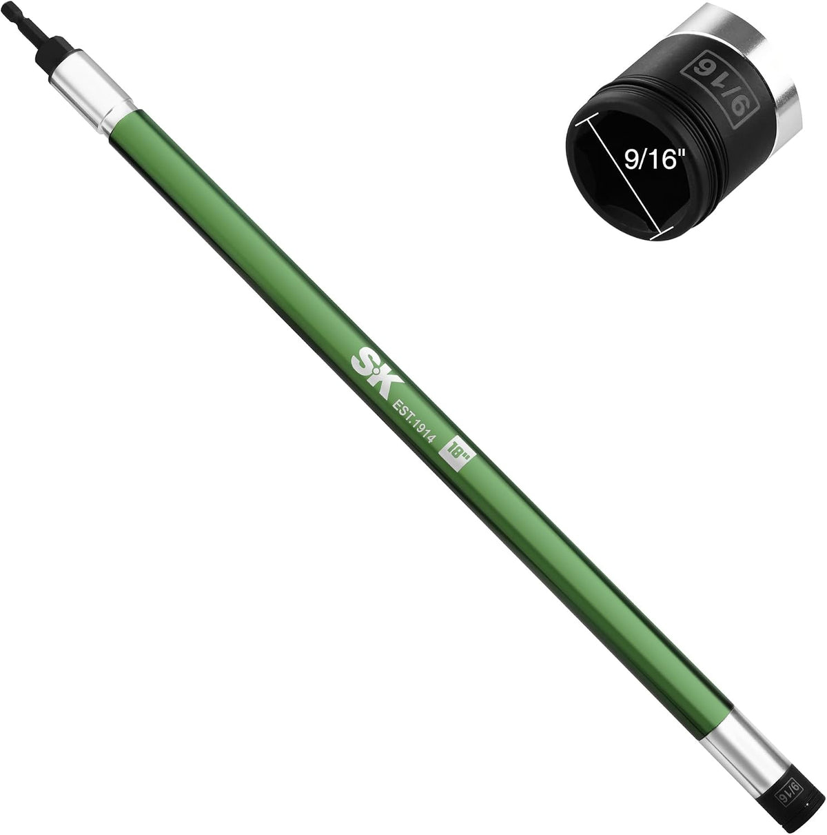 SK Destornillador de tuerca de impacto de 9/16 pulgadas, eje hueco de aluminio de 18 pulgadas de largo para pernos largos, diseño de resorte desplegable de giro libre, vástago hexagonal de 1/4