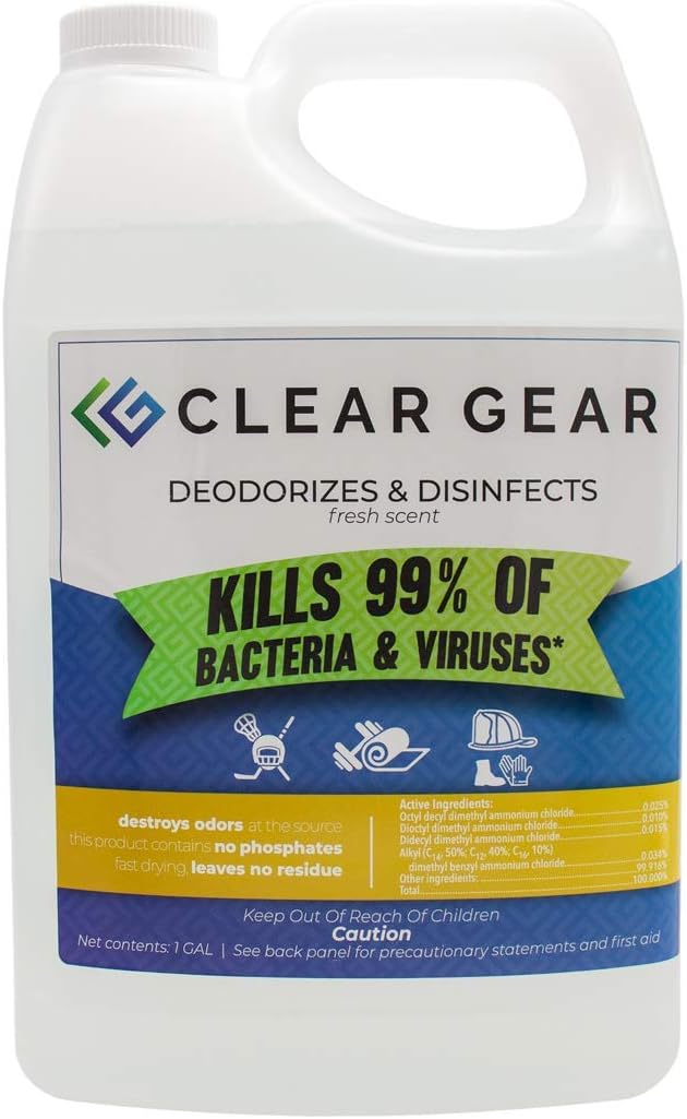 Clear Gear - Desinfectante, Limpiador y Desodorante para Equipo Deportivo, Gimnasios y Centros de Fitness - Certificado por la EPA, Grado Hospitalario, Fabricado en EE. UU. - Botella de 1 Galón