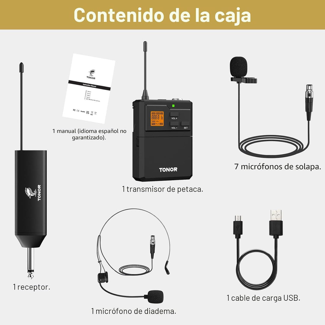 TONOR Sistema de micrófono inalámbrico UHF con micrófono de auricul...