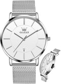 OLEVS Reloj de Hombre Cuero Negro Ultrafino 6.5mm Minimalista de Vestir Moda Simple Casual Resistente al Agua con Fecha