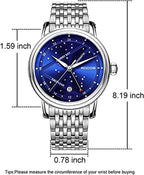 ROCOSJEWE Reloj mecánico automático de lujo para hombre, correa luminosa de acero inoxidable, impermeable, visualización de fecha, relojes de negocios de moda para hombres