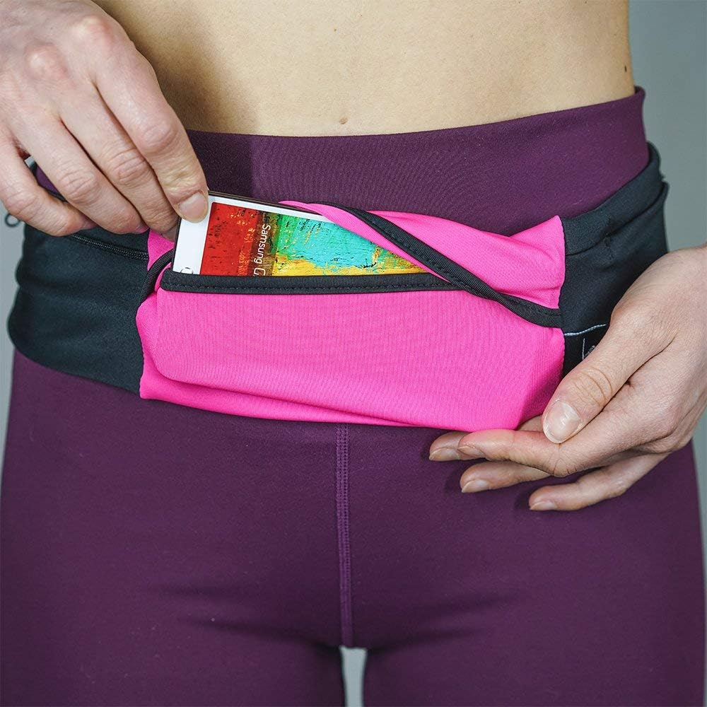 Riñonera ajustable de 3 bolsillos para correr, riñonera para entrenar con respaldo resistente al sudor, soporta todos los modelos de iPhone, Rosa/Negro, Cinturón para correr de 3 bolsillos versión 1