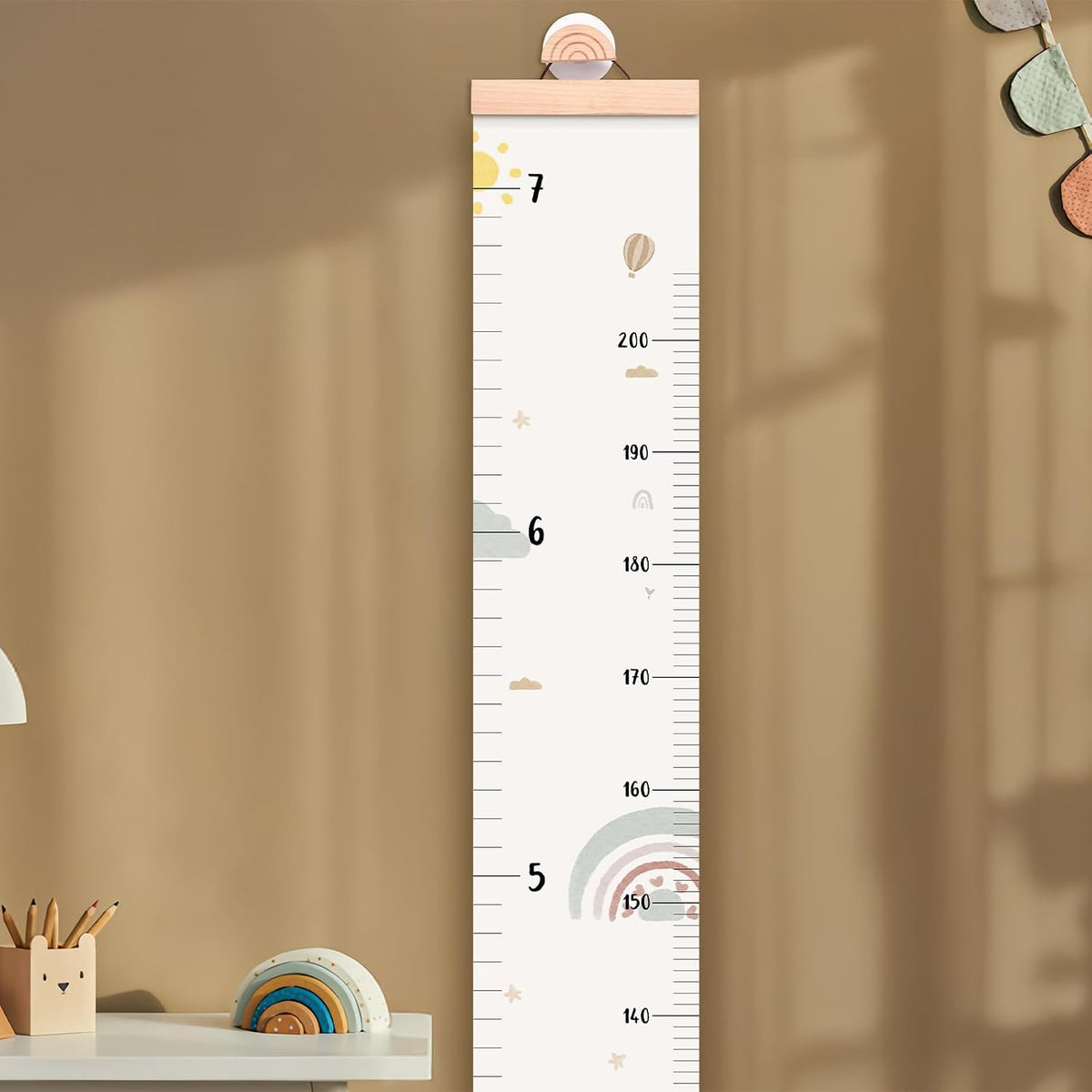 let's make Tabla de crecimiento para pared, tabla de altura de 7 pies con caja de recuerdos y gancho, regla de pared de lona impermeable, extraíble neutra, decoración de pared para bebés, niños pequeños