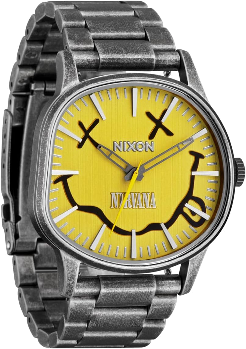 NIXON x Nirvana Smiley Sentry Wobble A1417 - Reloj de cuarzo japonés para hombre - (Carátula de 42 mm, correa de acero inoxidable de 23 mm-20 mm)