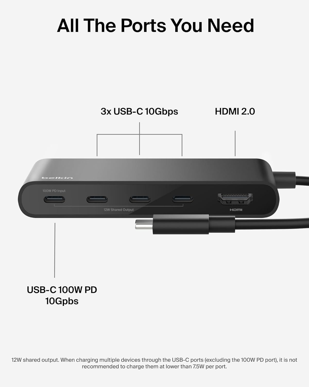 Belkin USB C Hub, Hub de 5 puertos con pantalla HDMI 4K a 60Hz, entrega de alimentación de 100W, transferencia rápida de datos 10Gbps, adaptador multipuerto USB C - Compatible con MacBook, iPad Pro