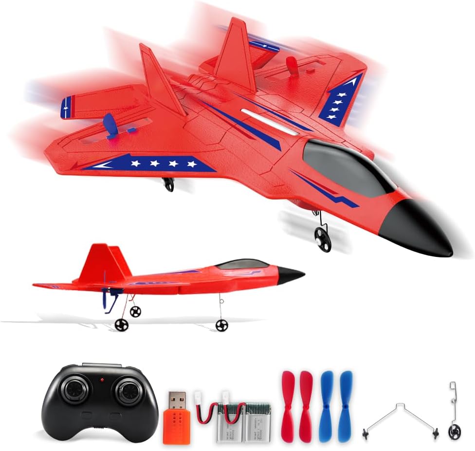 Avión RC Rojo F-22 Raptor para Niños, Vehículo de Juguete RC Mejora...