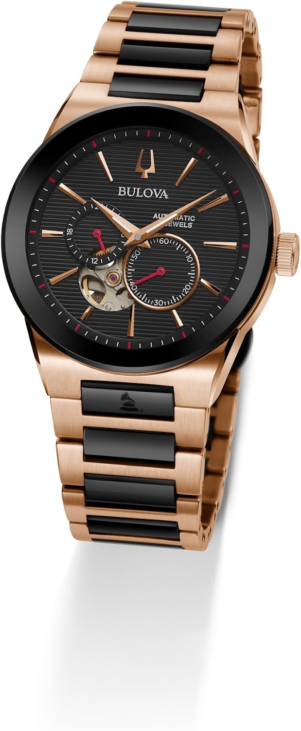 Bulova Latin Grammy Modern Millenia - Reloj automático de acero inoxidable en dos tonos, abertura de latido abierto, parte trasera de caja de exhibición, esfera negra, (Modelo: 98A236)