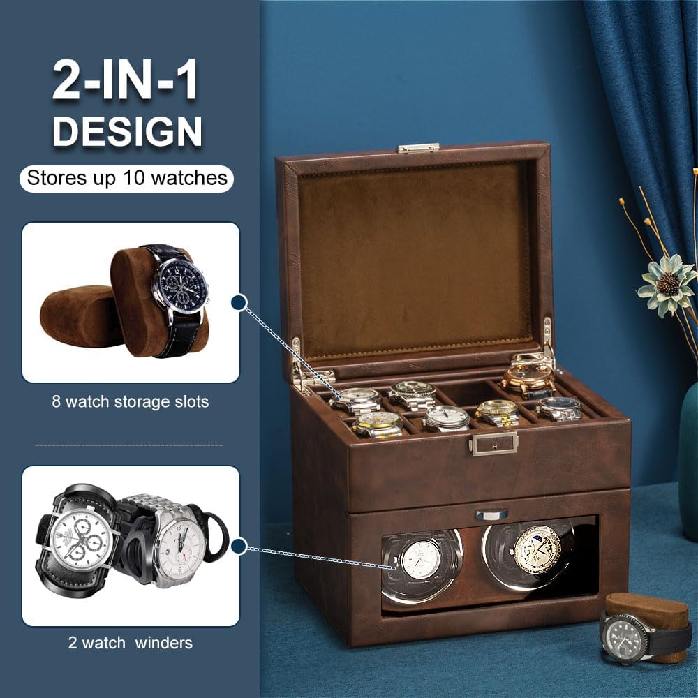 Cargador giratorio para 2 relojes automáticos + 8 ranuras de almacenamiento para relojes, motor silencioso