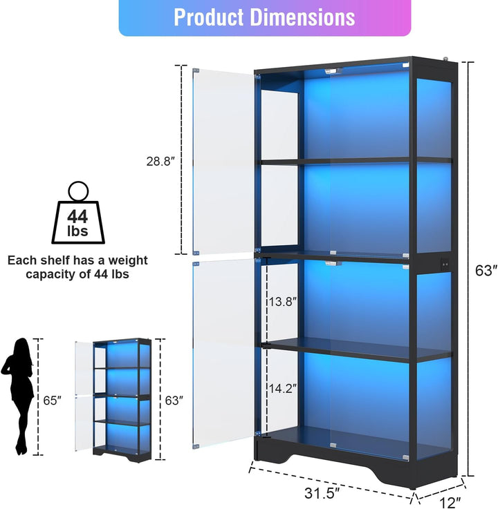 knoworld Vitrina con puertas de cristal, gabinete Curio de 63 pulga...