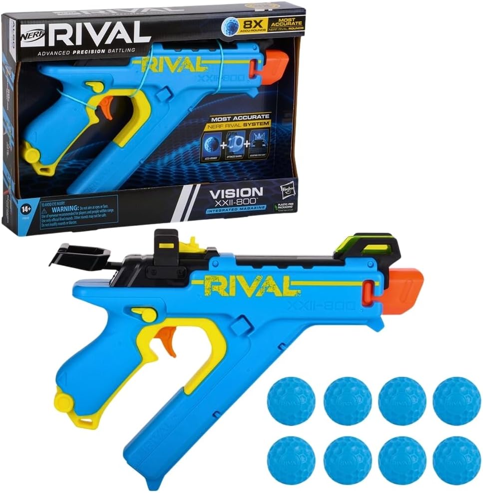 NERF Rival Vision XXII-800 Blaster, sistema de rival más preciso, vista ajustable, cargador integrado, 8 rondas rivales