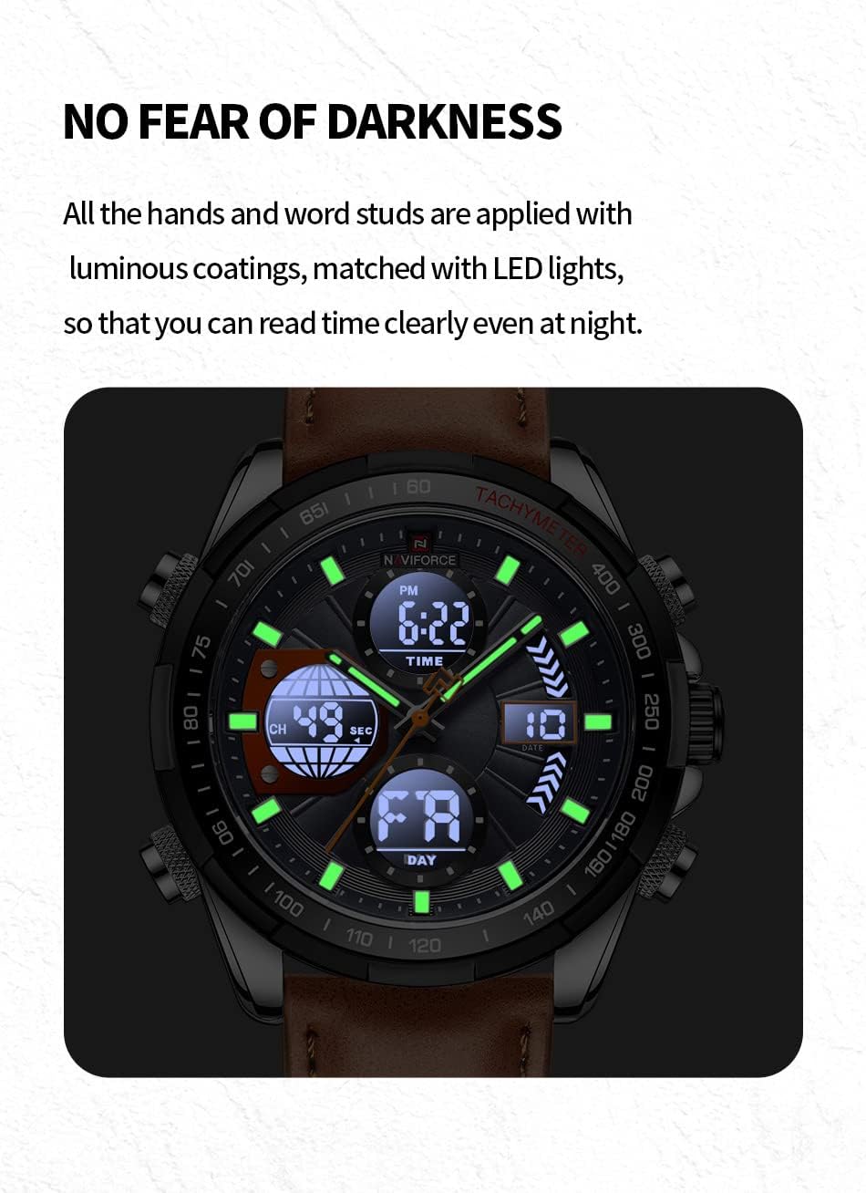 NAVIFORCE Relojes militares digitales para hombre, reloj analógico de cuarzo, resistente al agua, deportivo, multifuncional, correa de cuero, reloj de pulsera