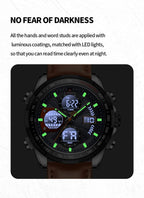 NAVIFORCE Relojes militares digitales para hombre, reloj analógico de cuarzo, resistente al agua, deportivo, multifuncional, correa de cuero, reloj de pulsera