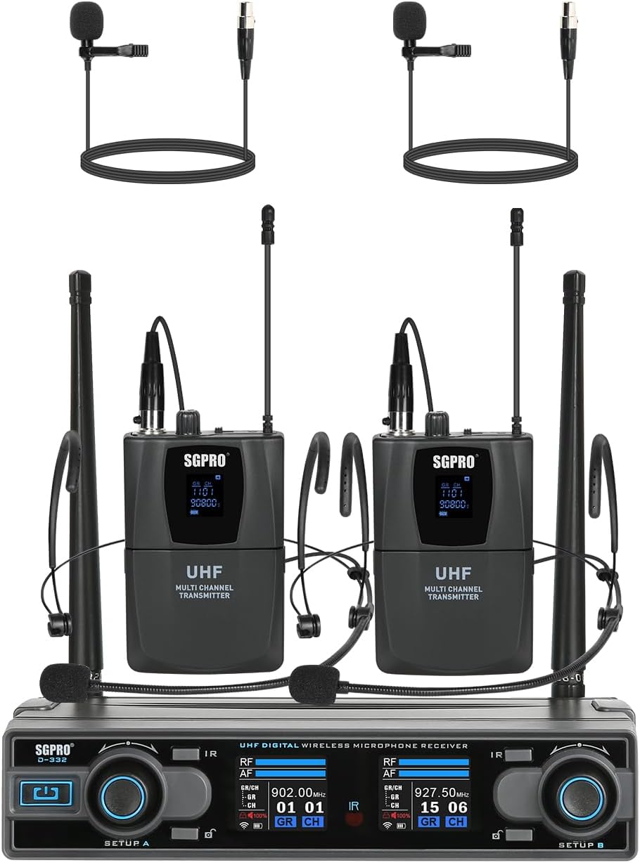 SGPRO D-332BB Sistema de micrófono inalámbrico dual con micrófonos...