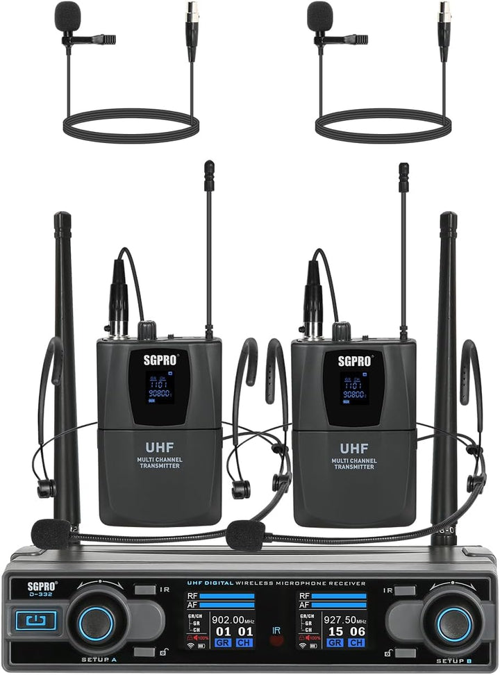 SGPRO D-332HB Sistema de micrófono inalámbrico UHF dual, portátil y...