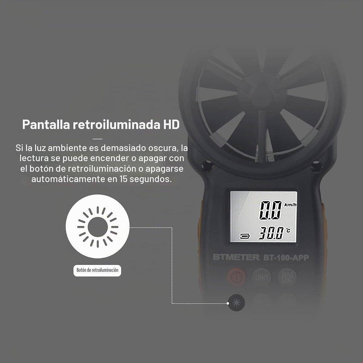 BT-100APP Anemómetro con Bluetooth Inalámbrico, Medidor de Velocidad del Viento Digital de Mano para Frio del Viento, Velocidad del Aire, Temperatura, Galga de Anemómetro de Vana