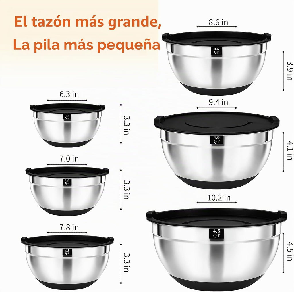 Juego de 21 tazones negros para mezclar con tapas, tamaño 4.5, 4, 3.5, 2.1, 1.5, 1.1 cuartos de galón para hornear, cuencos de acero inoxidable con base antideslizante y accesorios para