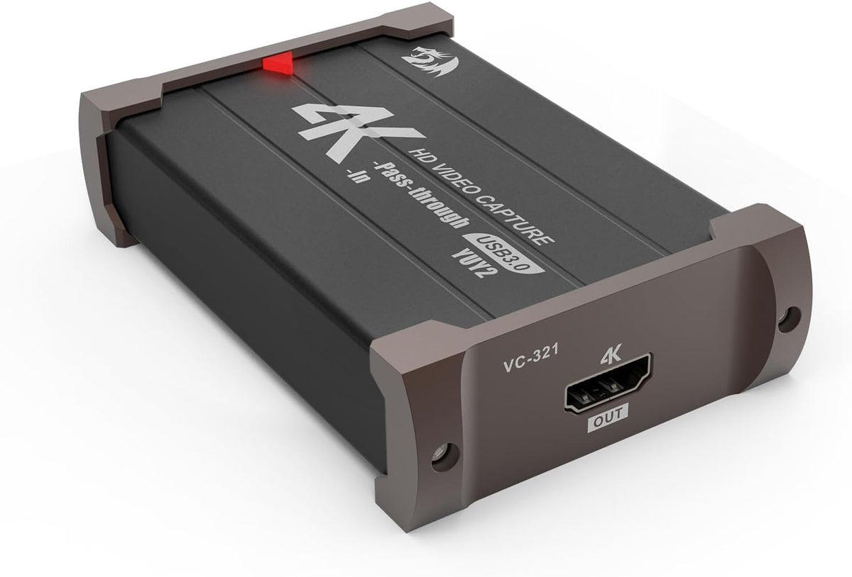Redragon VC321 - Tarjeta de captura de video 4K, USB 3.0 1080p 60 fps captura de video, paso HDMI 4K, transmisión de latencia cero, compatible con Windows/Mac, captura de juegos para PS5, Xbox, NS