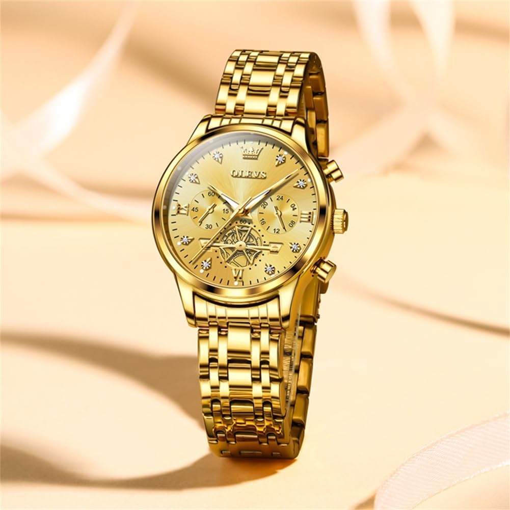 OLEVS Relojes para mujeres de negocios, con diamante, pulsera de acero inoxidable, fecha, impermeable, tono bicolor para mujer