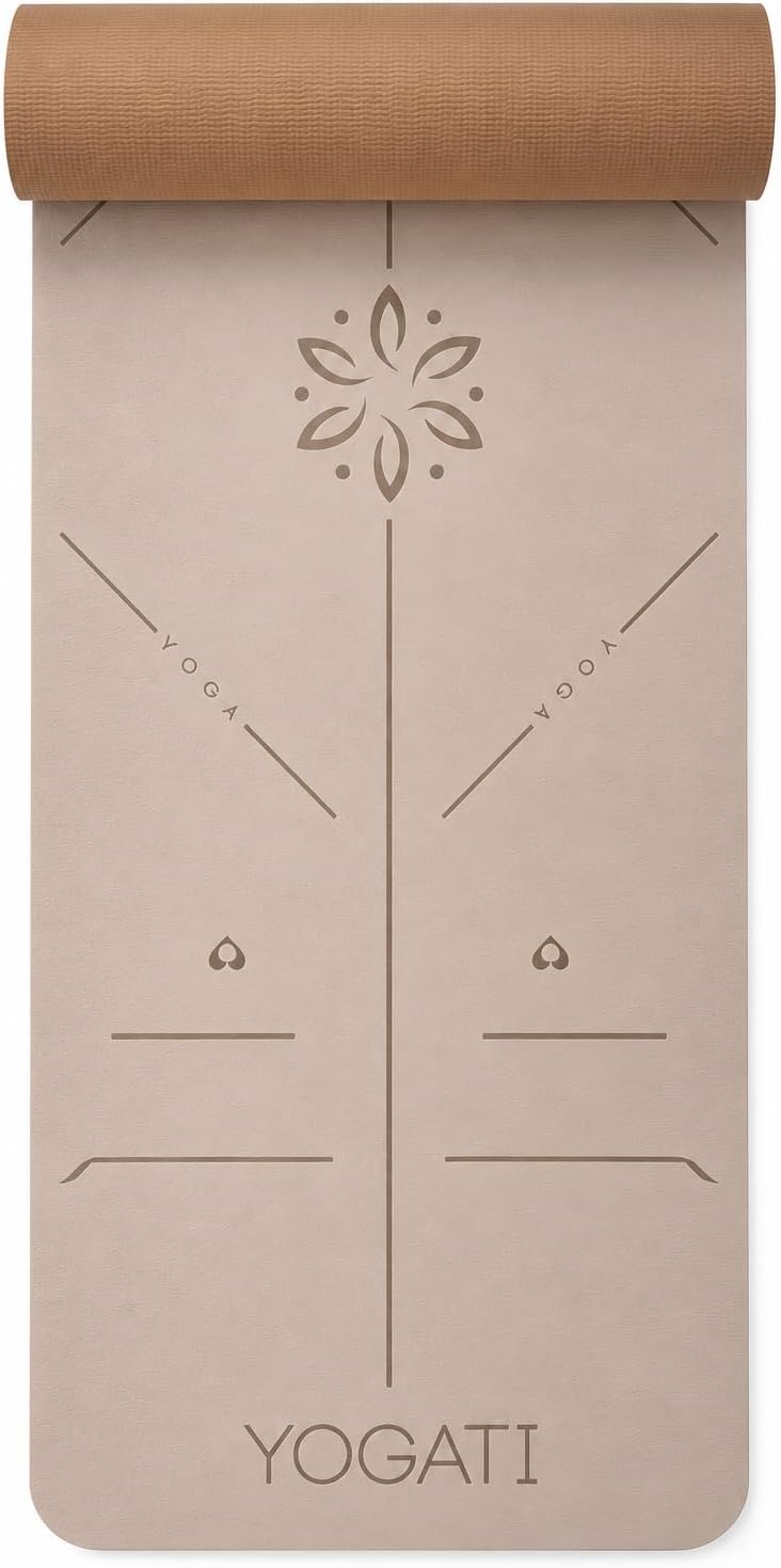 YOGATI® Esterilla de Yoga con Correa con Líneas de Alineación. Esterilla de Entrenamiento en Casa para Mujeres, Hombres y Niños. Esterilla de Yoga Gruesa Antideslizante para Pilates y Fitness