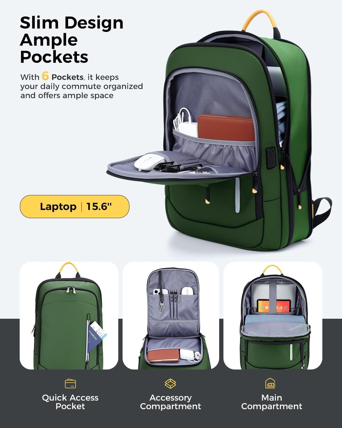 Mochila delgada para laptop para hombre, mochila de viaje de negocios de 15.6 pulgadas con puerto de carga USB, bolsa ligera de computadora de trabajo de 1.5 libras, mochila duradera