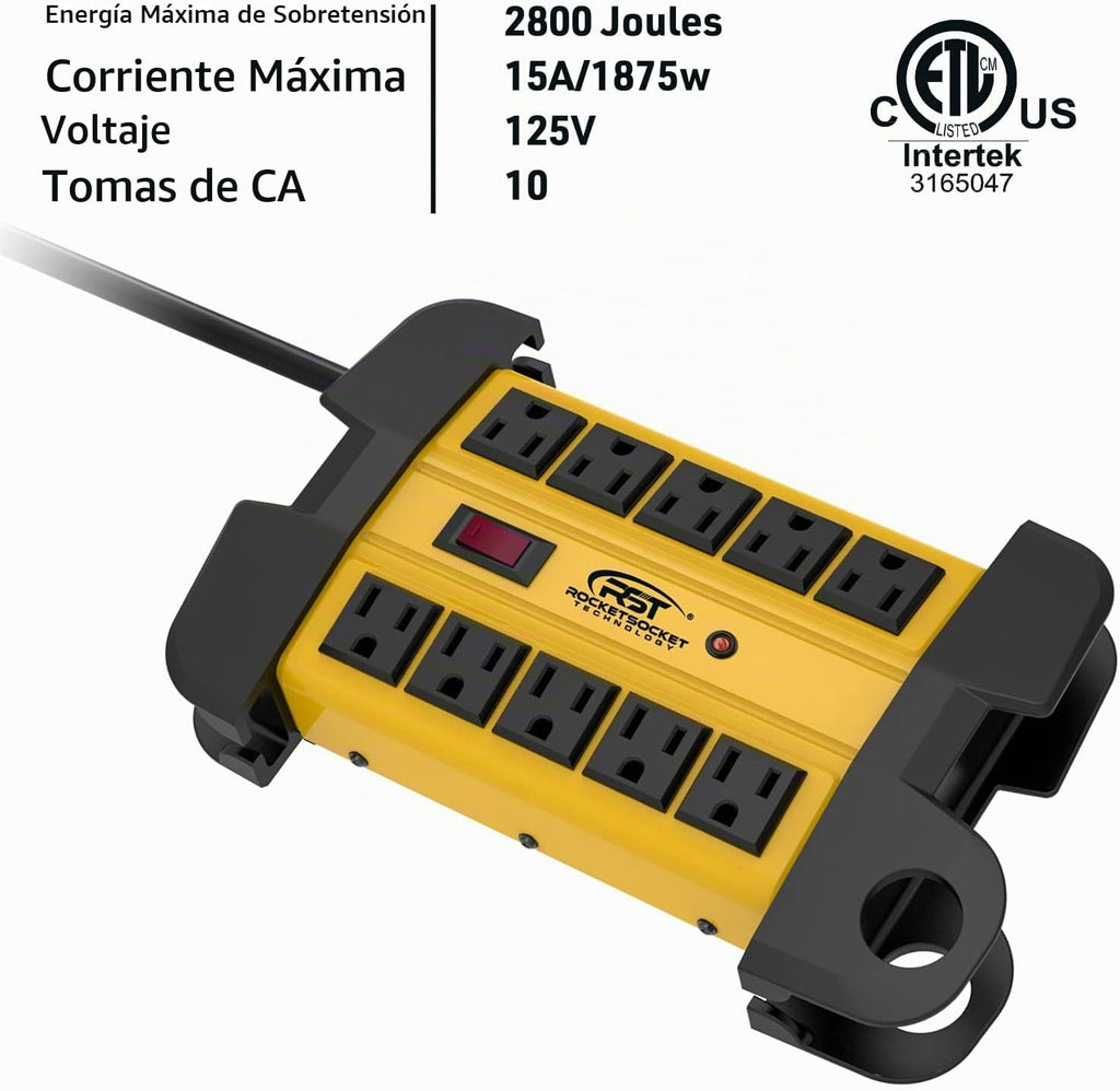 Tira de alimentación resistente con protector contra sobretensiones de 10 tomas, tira de alimentación industrial de metal con 2800 julios, interruptor de circuito de 15A, cable de extensión de 6