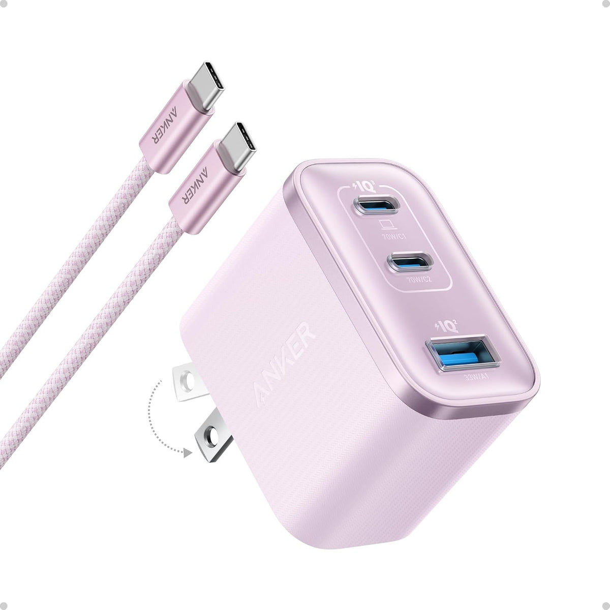 Anker Nano 70W Max Cargador Rápido de 3 Puertos USB-C, cargador tipo C de carga