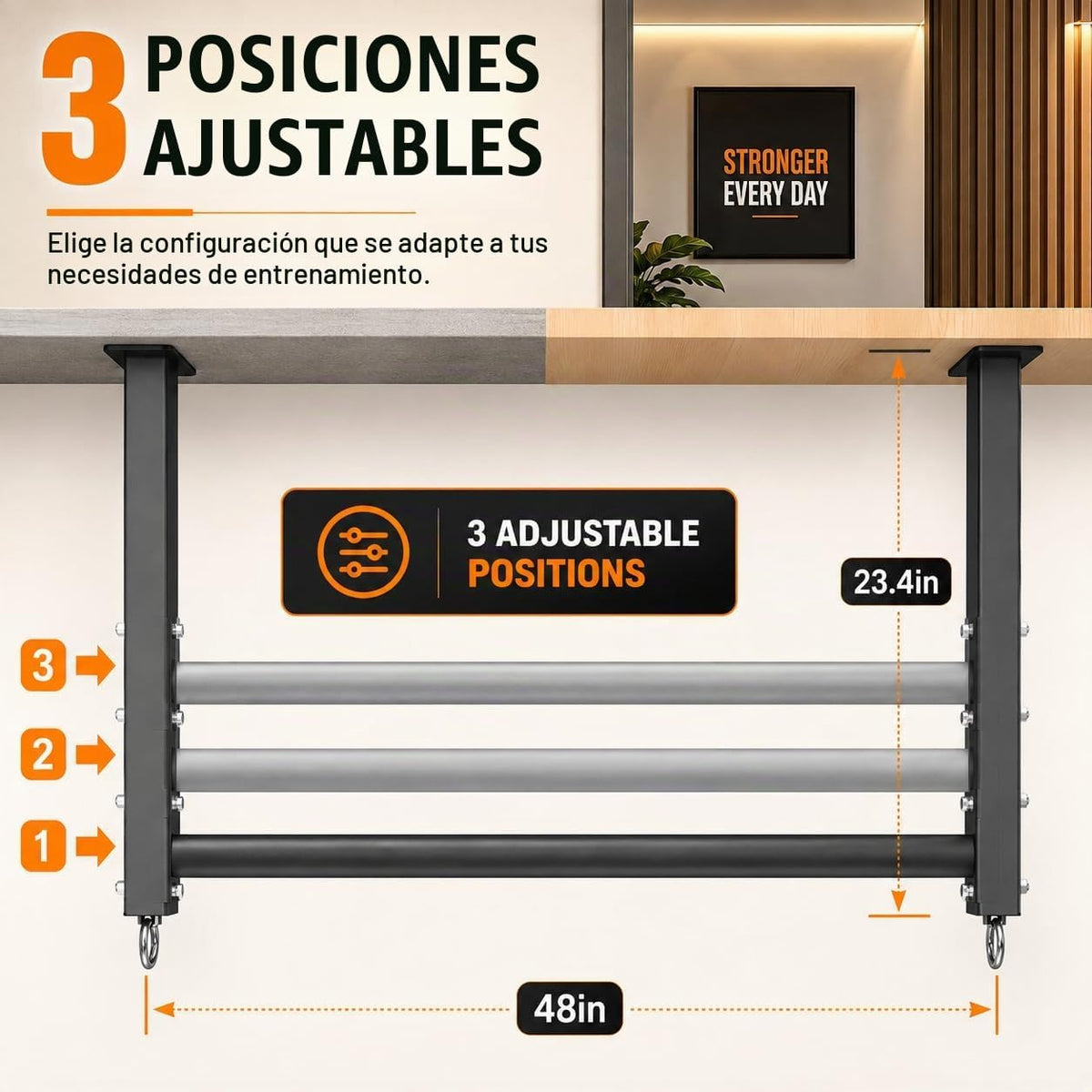 Barra de Dominadas para Montaje en Techo, de Alta Resistencia 700 LBS, Barras de Dominada Multi-agarre, 16"/24" para Vigas, Barra de Pull-Up para Techo entre Crecientes para Garaje/Gimnasio/Sótano con Agarre Cómodo y Anclajes Redondos, Fácil de Instalar