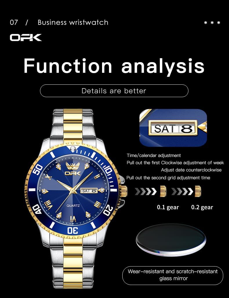 OPK Relojes para hombres de diamantes romanos analógicos relojes impermeables grandes de acero inoxidable para hombre, reloj de pulsera de negocios para padre, reloj de regalo, azul