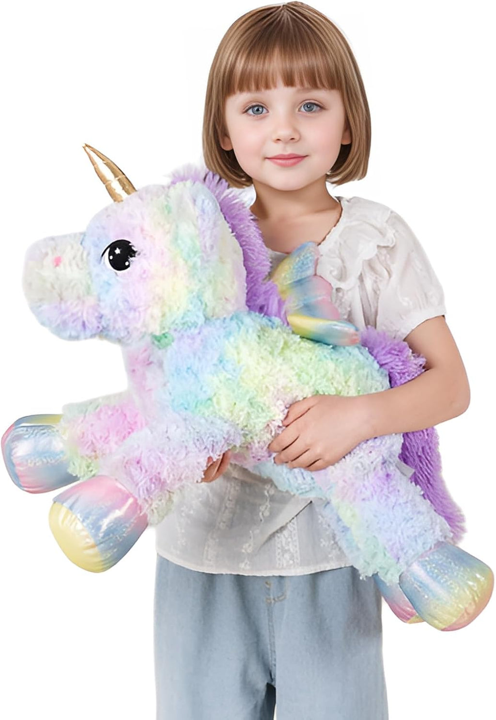 Animal de peluche de unicornio rosa arcoíris de 24 pulgadas, con alas, suave, lindo y grande, almohada de peluche, regalo para niños, niñas, niños, cumpleaños, San Valentín, Navidad