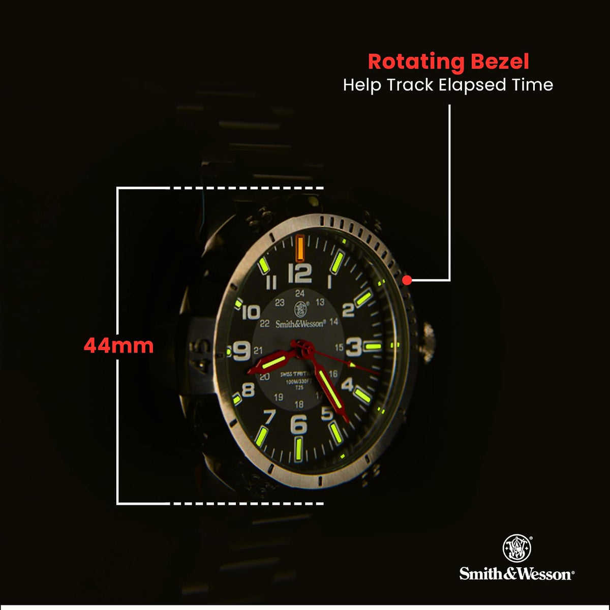 Reloj Smith & Wesson Emissary Swiss Tritium H3 para hombre, caja y correa de acero inoxidable, bisel giratorio, relojes militares duraderos para hombre, 44mm, relojes analógicos para hombre, reloj de