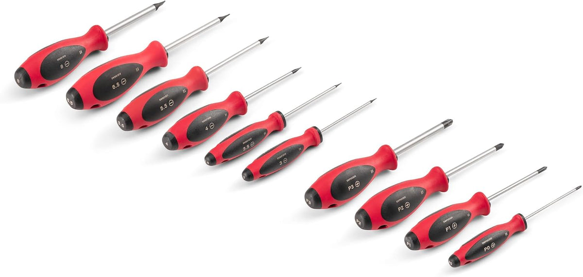 TEKTON Juego de destornilladores Phillips y ranuradas - Vástagos de 4 pulgadas, 10 unidades (#0-#3, 3-8 mm) | DWZ90006