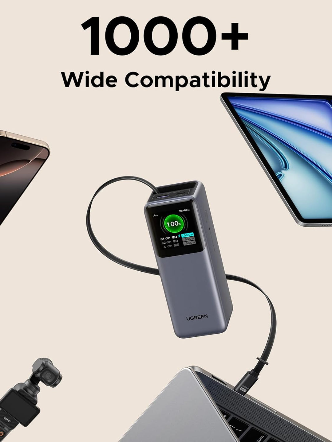 UGREEN Nexode Power Bank 20000mAh 165W con cable USB C incorporado,...