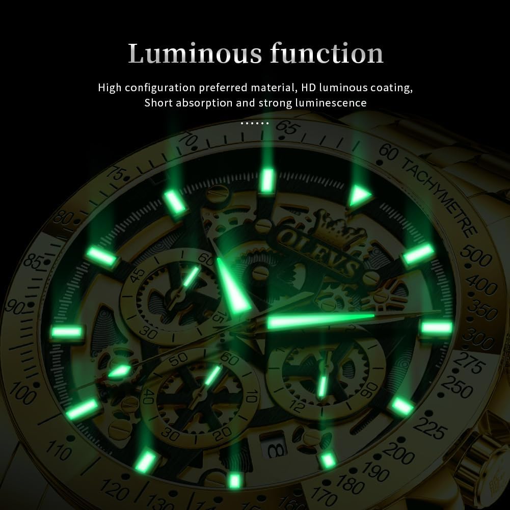 OLEVS Reloj para Hombres Esqueleto Negocio Vestir Acero Inoxidable Impermeable Luminoso Reloj de Pulsera para Hombres