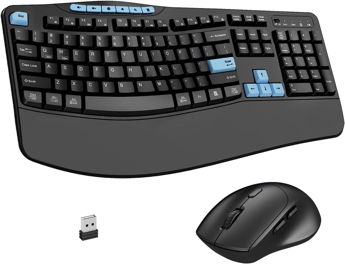 Combo de teclado y mouse inalámbricos, teclado ergonómico con 6 tec...