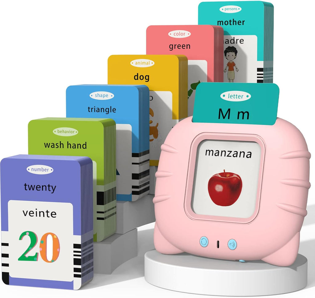 Startcan Tarjetas parlantes en español e inglés para niños pequeños de 1 a 6 años, juguetes audibles para que los niños aprendan español - 258 tarjetas y 516 palabras (Rosa)