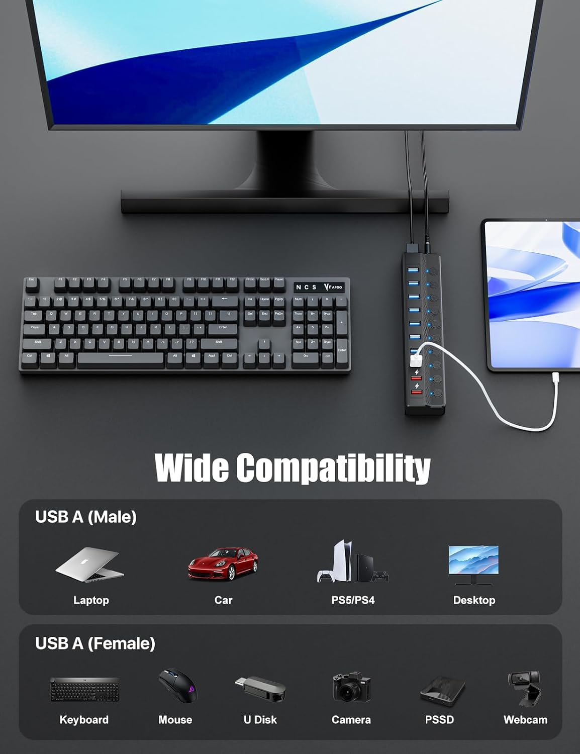 Onfinio, E336751-VolX3-SecA6009, hub USB 3.0 de 10 puertos, alimentado, adaptador 12V/3A