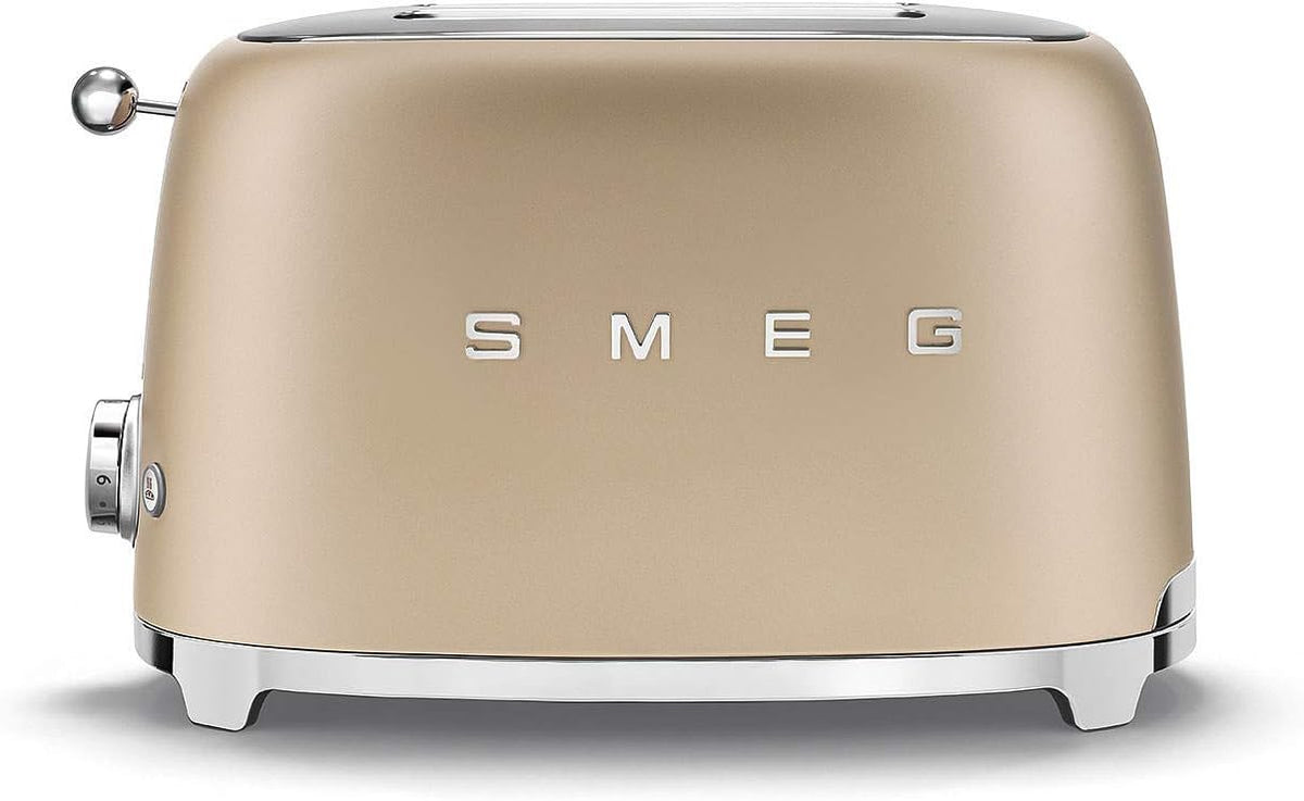 SMEG Tostadora de 2 rebanadas con 6 ajustes preestablecidos y función de descongelación y bandeja extraíble para migas TSF01CHMUS, champán mate
