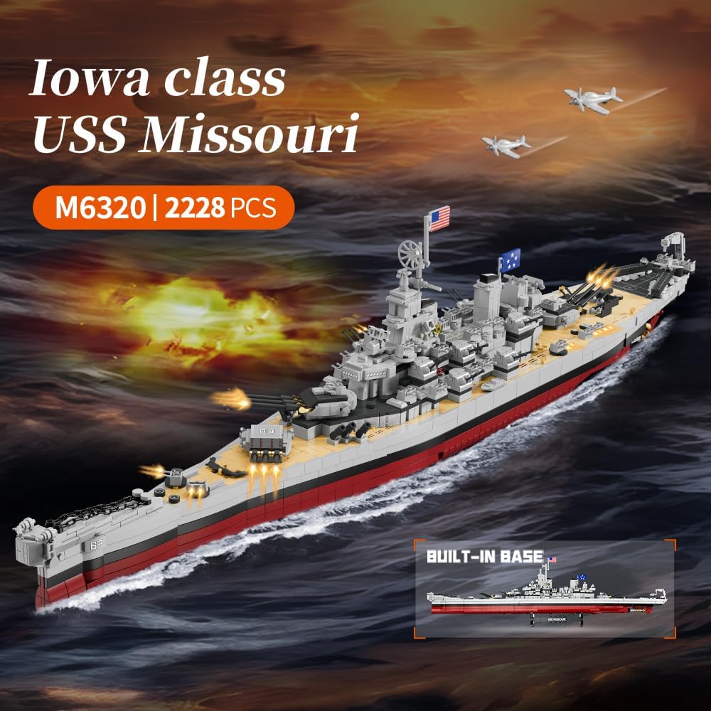 MISINI M6320 - Kit de construcción de acorazado de la Segunda Guerra Mundial, 2228 piezas USS Missouri Battleship, juego de bloques de construcción de barco de regalo de juguete para colección de adultos (buque de guerra clase Iowa)