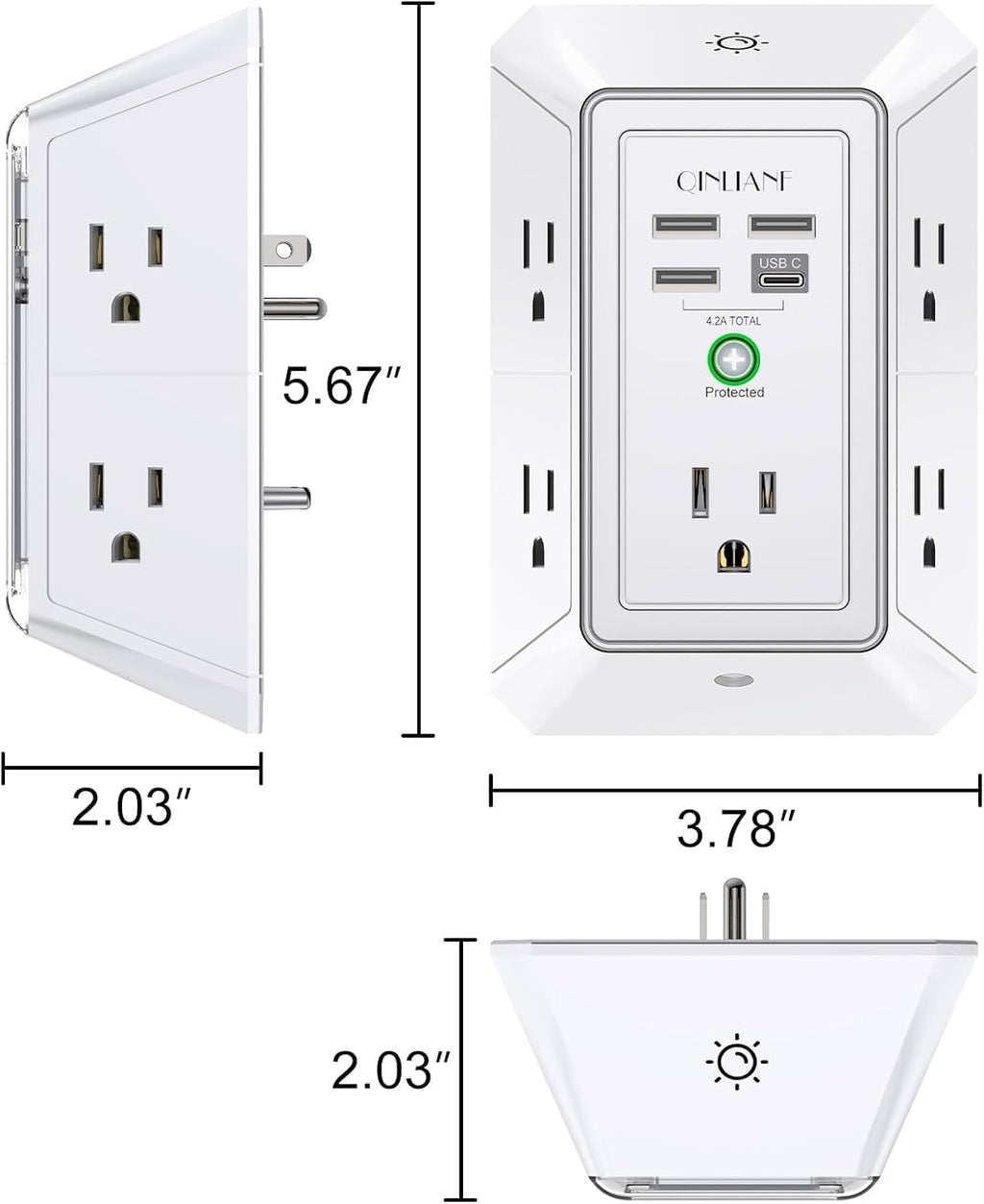 Extensor de Enchufe de 3 Lados con Luz Nocturna - QINLIANF Enchufe Múltiple con 5 Tomas y 4 Puertos USB (1 USB-C), Cargador de Pared USB para Hogar, Oficina, Viajes, Certificado ETL, Blanco