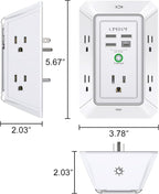 Extensor de Enchufe de 3 Lados con Luz Nocturna - QINLIANF Enchufe Múltiple con 5 Tomas y 4 Puertos USB (1 USB-C), Cargador de Pared USB para Hogar, Oficina, Viajes, Certificado ETL, Blanco