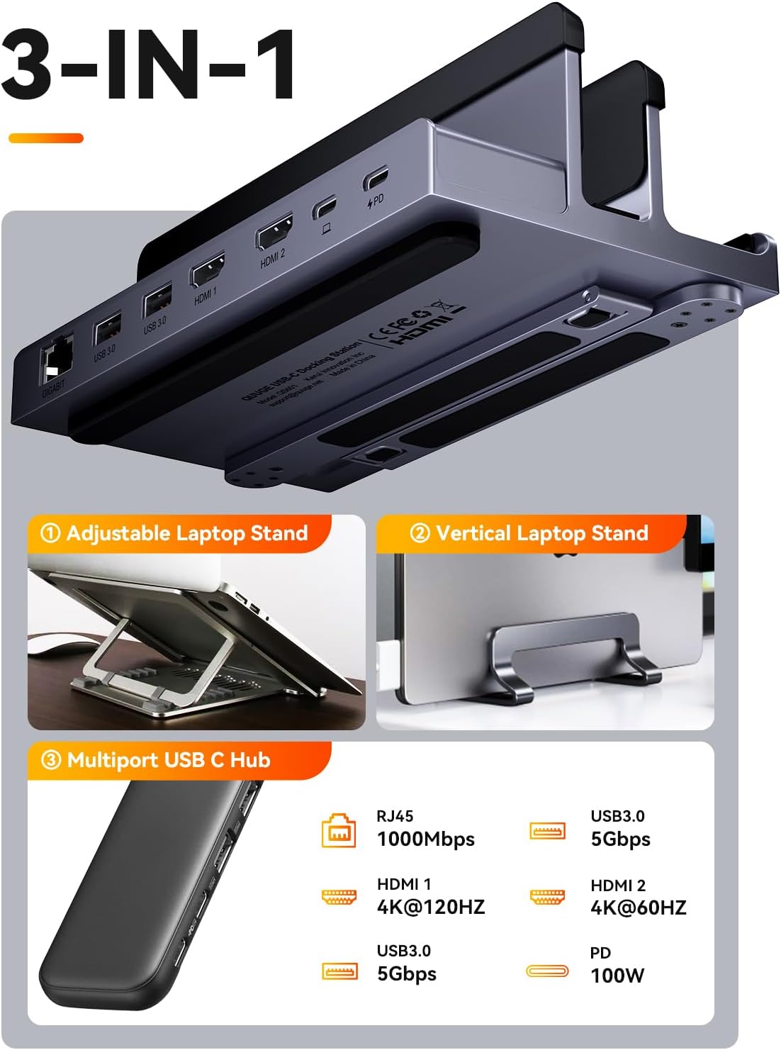 Estación de acoplamiento para portátil con monitor dual 4K: estación de acoplamiento QUUGE USB C monitor dual para laptop, 2 HDMI (individual 4K a 120 Hz), 2 puertos USB 3.0, 100 W PD, RJ45 Ethernet