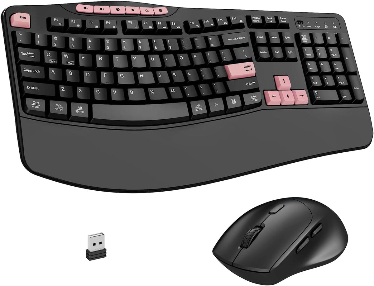 Combo de teclado y mouse inalámbricos, teclado ergonómico con 6 tec...