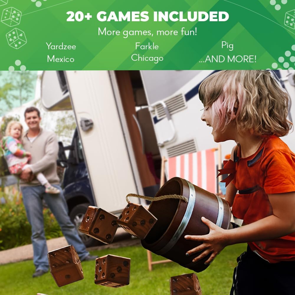 Swooc Games - Yardzee, Farkle y más de 20 juegos de dados gigantes (todo tipo de clima) con cubo de madera, 5 tarjetas de puntuación y marcador - Juego de dados de patio al aire libre para la familia