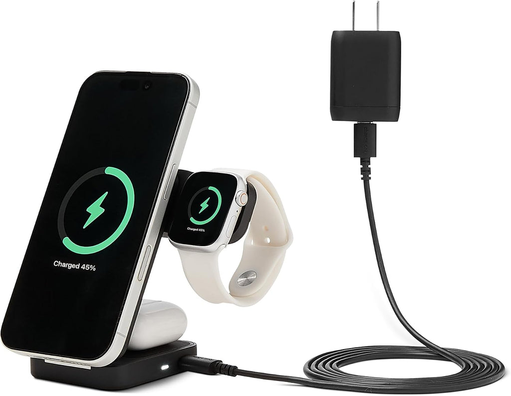 Amazon Basics MagSafe - Estación de carga inalámbrica 3 en 1 de carga rápida de 25 W, con certificación Qi2.2, soporte plegable para iPhone 17/16/15/14/13/12, Apple Watch, AirPods, con adaptador de 45