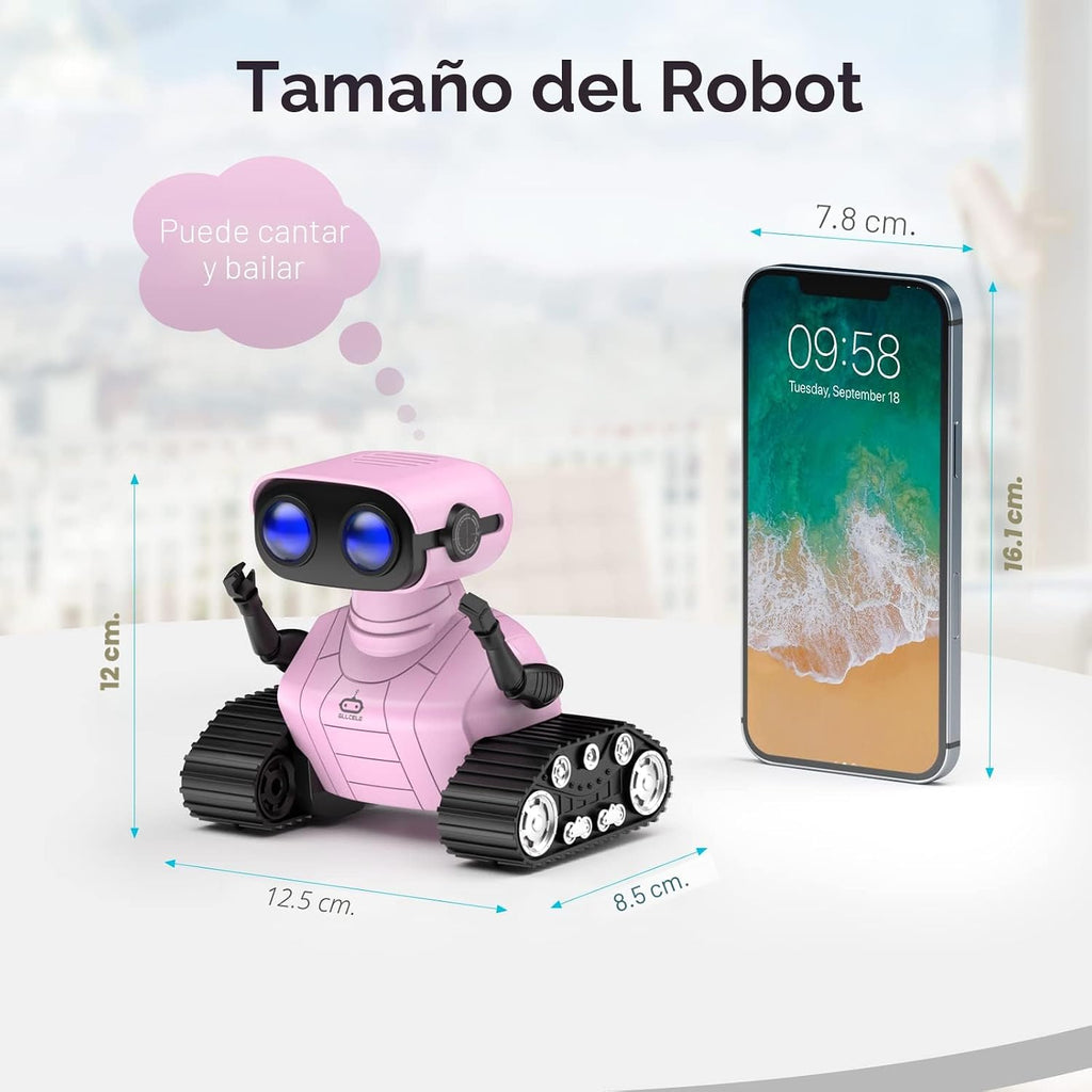 ALLCELE Robot de juguete para niñas, robot RC recargable para niños, juguete de control remoto con música y ojos LED, regalo para niños a partir de 3 años, color rosa