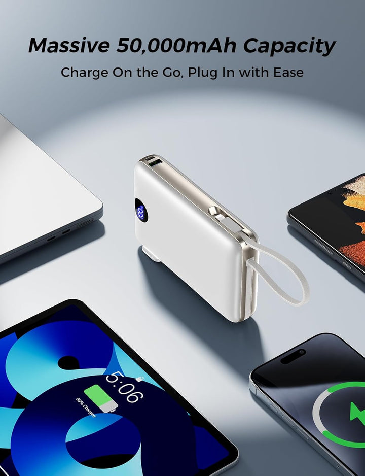 Sucrosey Banco de energía de 50,000 mAh con cable USB-C integrado y...